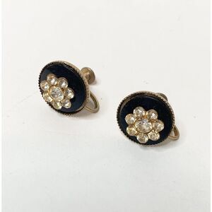 Vintage 3/4 Round Black Back Clear Rhinestone Flower Clip on Screw Back Earrings